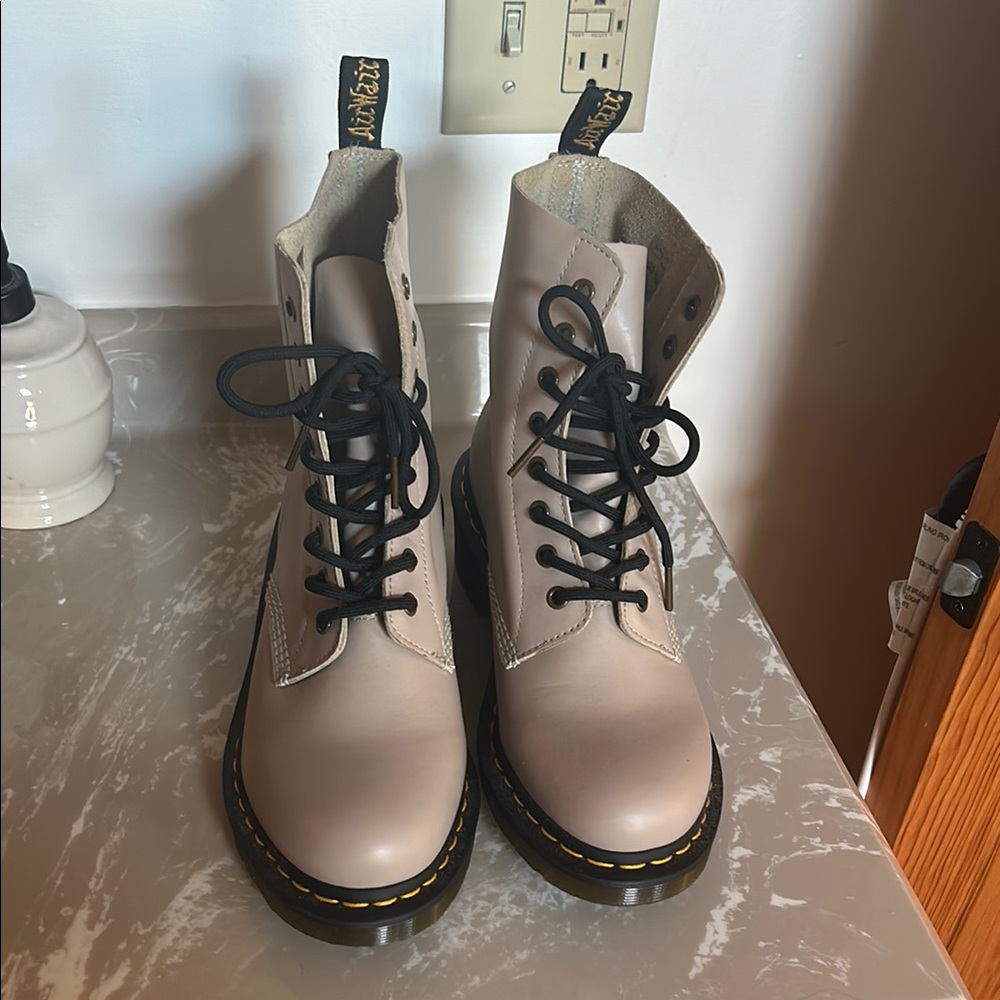 Dr. Martens Cream Combat Boots with Chunky Sole and Black Laces